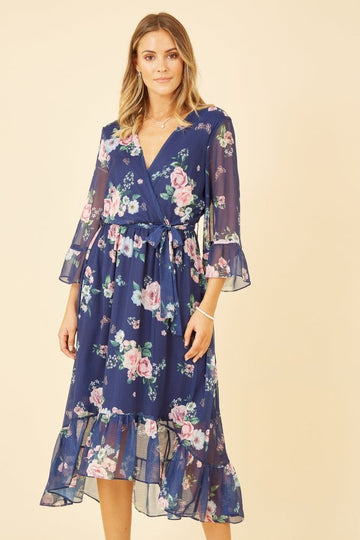 Navy Floral Wrap Dress With Dipped Hem Yumi